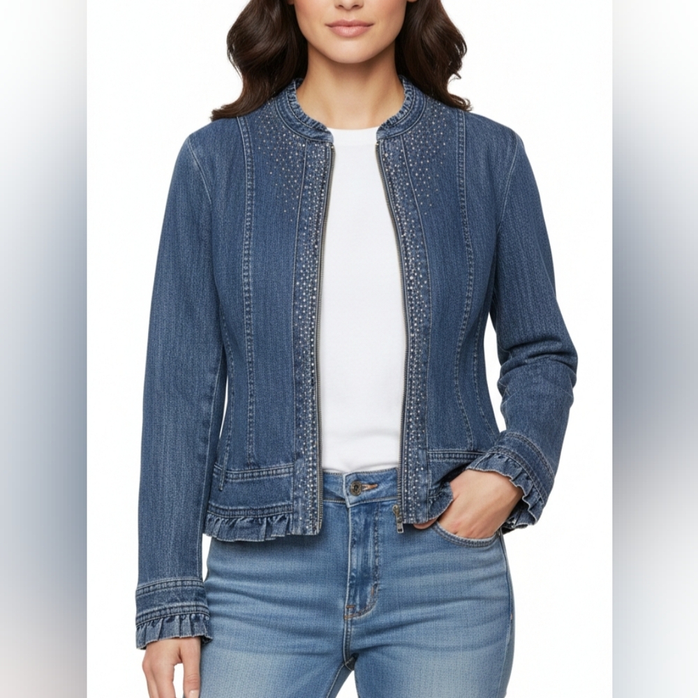 CHRISTINE ALEXANDER Genuine Swarovski Crystal Jean Denim Y2K Jacket Top Size PM